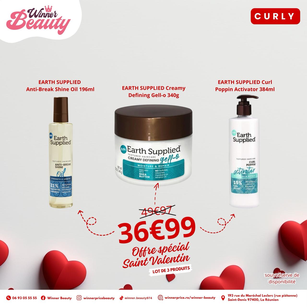 EARTH SUPPLIED – Curl Poppin + Gell +Anti-Break shine oil-Lot de 3 produits